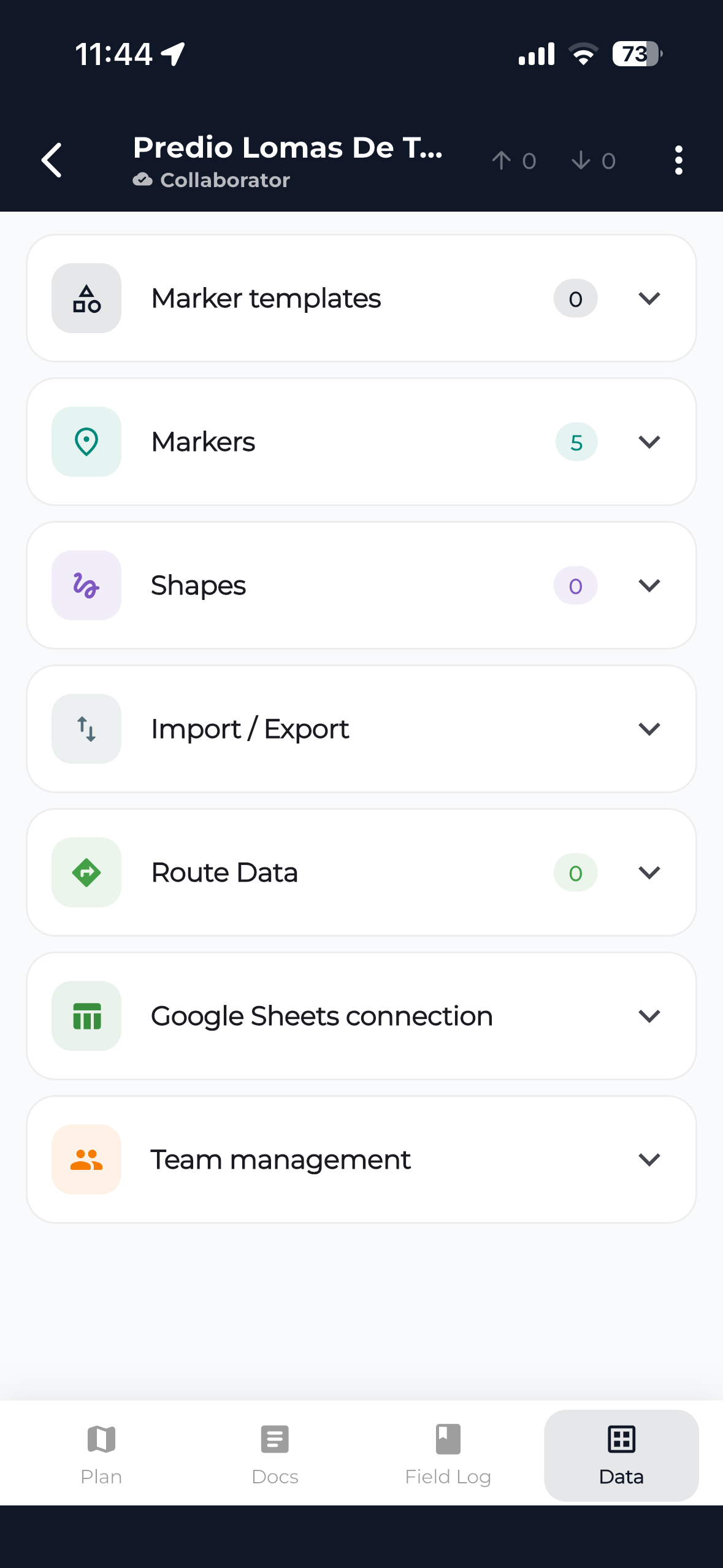 Pestaña de datos del proyecto con Route Data